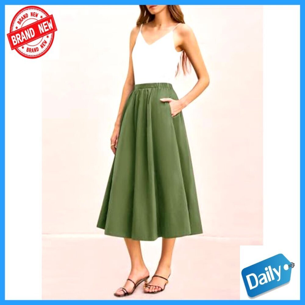 Women's A-Line Midi Skirt Elastic Waist Flowy Swing Pleated with Pocket - Picture 6 of 7